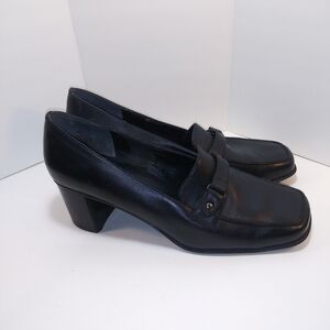 Worthington Dress Shoe Womens 9 Dark Navy Leather Slip On Loafer Stacked Heel